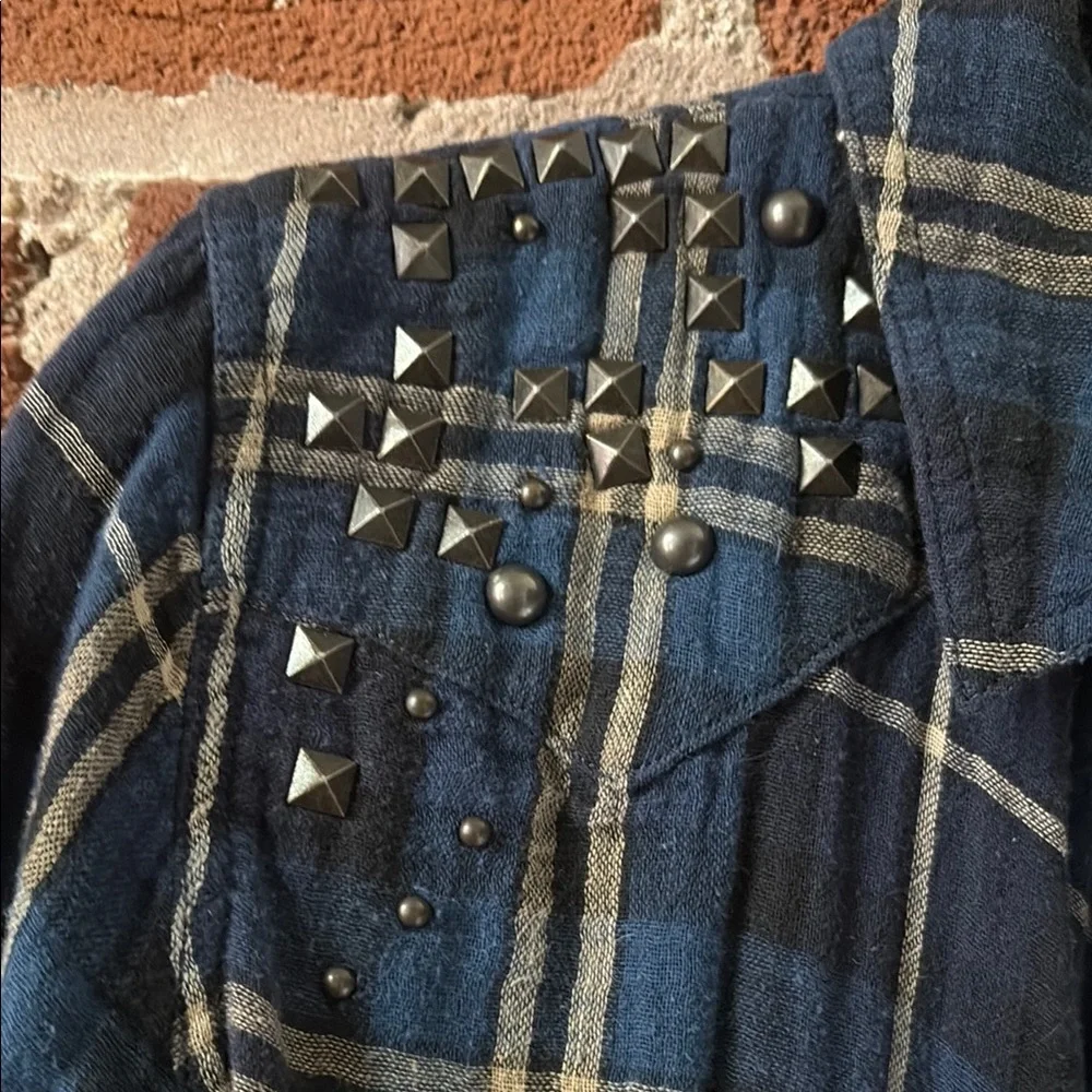 Free People Blue, Tan, White Embellished Button Down Plaid Shirt - Picture 3 of 8